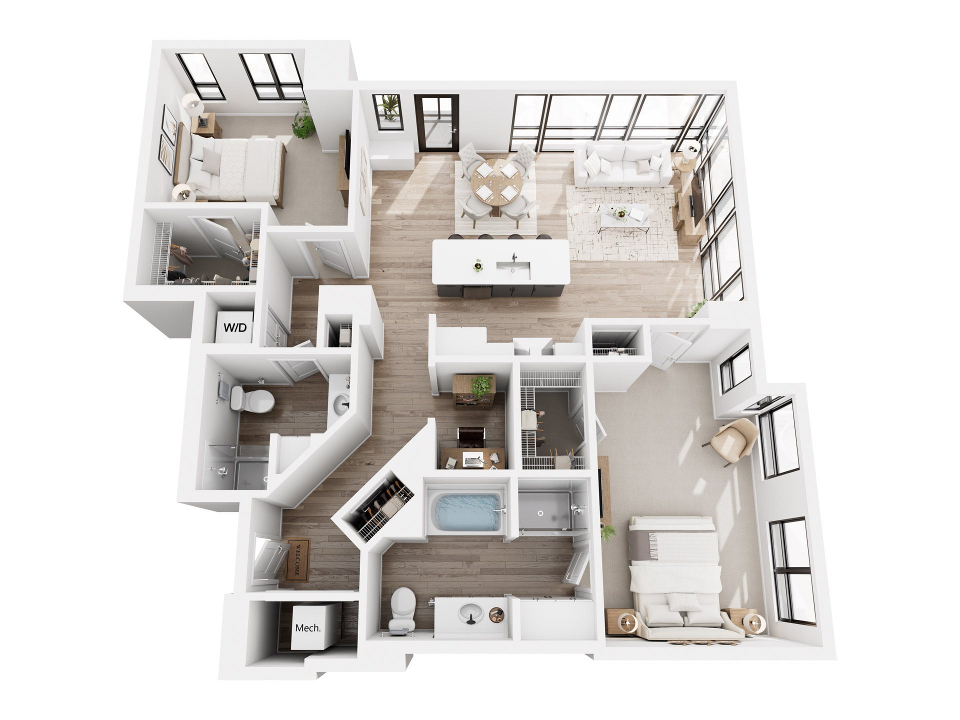 A top-down view of a modern, open-concept floor plan with a kitchen, living room, dining area, and two bedrooms.